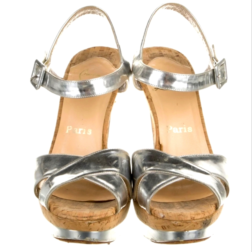 Christian Louboutin Silver & Cork Leather Platform Heels 7 - Picture 4 of 11